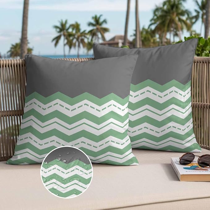 Green Chevron Waterproof Outdoor Pillow Covers Set of 2 Home Decor, Geometric Grey Print Wavy Striped White Pillowcase Patio Pillow Covers for Couch Bench Furniture Garden 20x20in