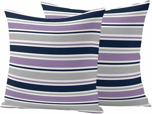Purple Grey Striped Outdoor Pillow Cover 24x24 Inch Cushion Sham Case, Farmhouse Stripes Modern Abstract Art Waterproof Decorative Square Throw Pillowcase for Outside Garden Patio Porch Couch Chair