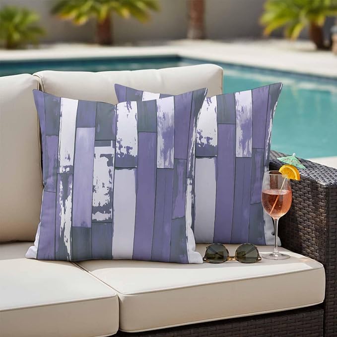 Purple Gray Outdoor Pillow Covers 20x20 Inch Throw Pillow Covers Set of 2 Waterproof Decorative Pillow Cases Vintage Farmhouse Ombre Wooden Grain Cushion Covers for Patio Furniture Garden Couch Sofa