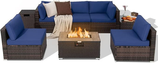 Tangkula 8 Piece Outdoor Wicker Sofa Set, Patio Rattan Conversation Set w/32” Propane Fire Pit Table & Tank Holder, 40,000 BTU Heat Output, Cozy Seat & Back Cushions, Fire Pit PVC Cover (Navy)
