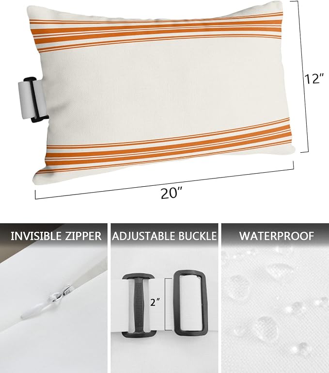 Outdoor Pillows Covers with Inserts Farmhouse Orange Stripe Waterproof Recliner Pillow with Adjustable Strap Throw Pillows for Patio Furniture Pool Lounge Chair, 12x20 inch, 2PCS