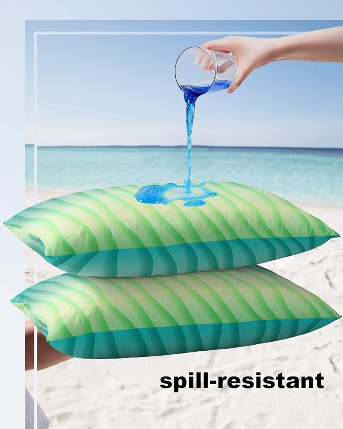 Outdoor Waterproof Pillow Covers Set of 2, Summer Abstract Geometric Gradient Turquoise Ocean Wave Patio Throw Pillow Covers, Decorative Cushion Case for Couch Sofa Furniture Garden, 20x12 Inch