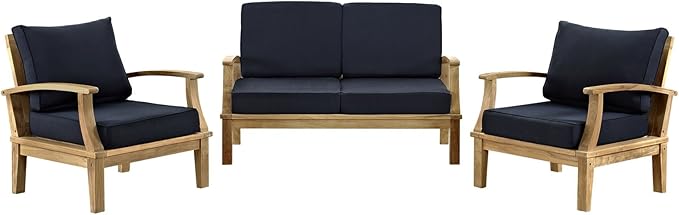 Modway Marina Premium Grade A Teak Wood Outdoor Patio Loveseat and Two Armchairs in Natural Navy