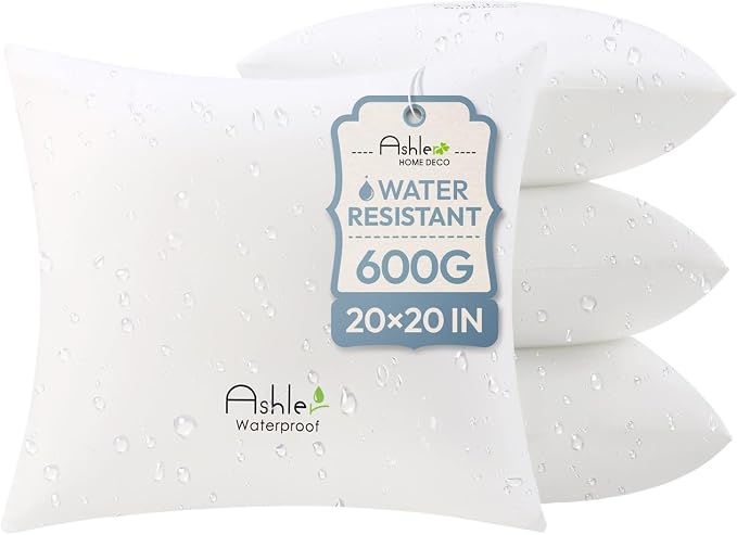 Ashler Outdoor Pillows, 20 x 20 Waterproof Pillow Inserts Set of 4 | Waterproof, Hypoallergenic, Premium Square Pillow Stuffer Sham, Decorative for Sofa Couch Porch Patio