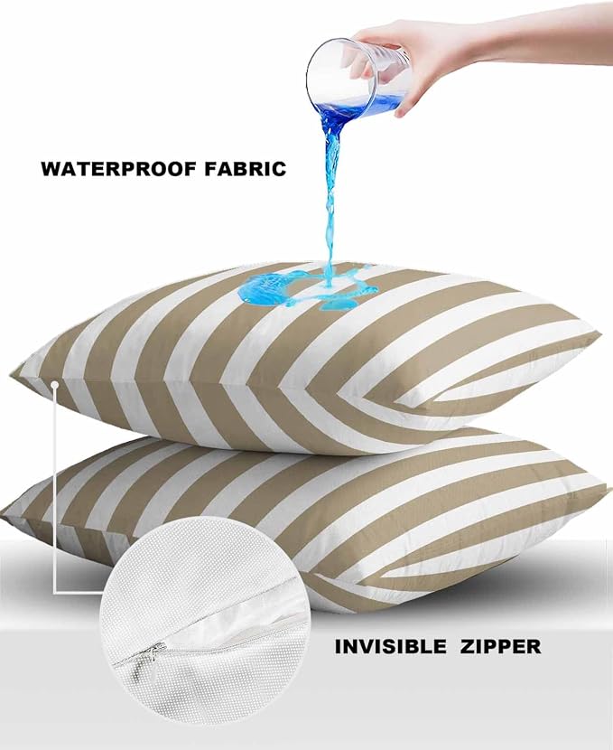 Outdoor Waterproof Throw Pillow Covers 24x24in, Geometric Line Cushions for Garden Patio Furniture Chairs Set of 2, Khaki White Home Decor Couch Sofa Polyester Pillow Cases