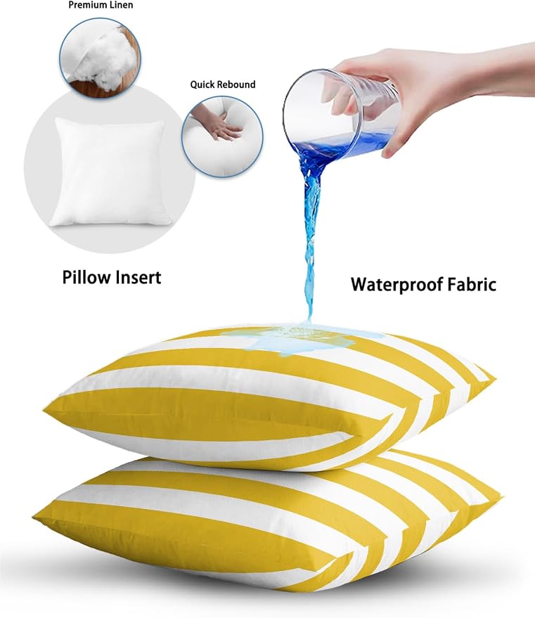 Waterproof Outdoor Pillow 1 Pack Yellow White Stripe Decorative Throw Pillows Cover & Insert 20x12 Inch Lumbar Pillowcase Simple Style Striped Pillows for Couch Sofa Bed Patio Furniture Indoor Outdoor