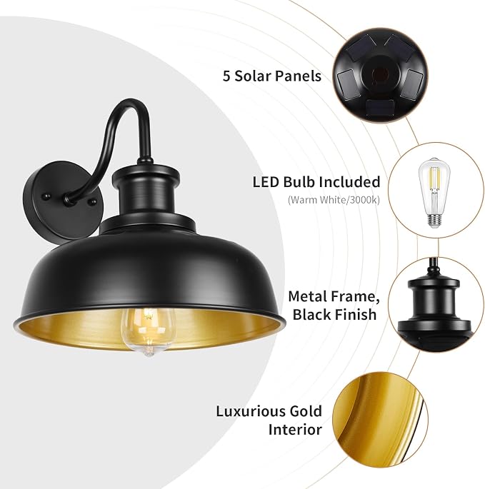 Solar Barn Light for Outside, Outdoor Wall Lights Solar Powered, Farmhouse Exterior Wall Sconce, Industrial Outside Lighting Fixture, Rustic Lantern Works with Gooseneck Barn Shed Garage Patio