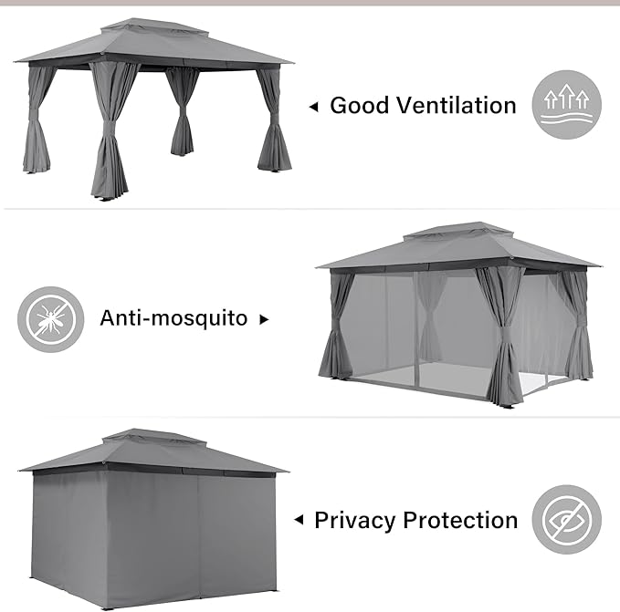 LAUSAINT HOME Patio Gazebo 10'x13', Outdoor Heavy Duty Party Tent Shelter with Double Roofs, Mosquito Nettings and Privacy Screens for Backyard, Garden, Lawn, Gray