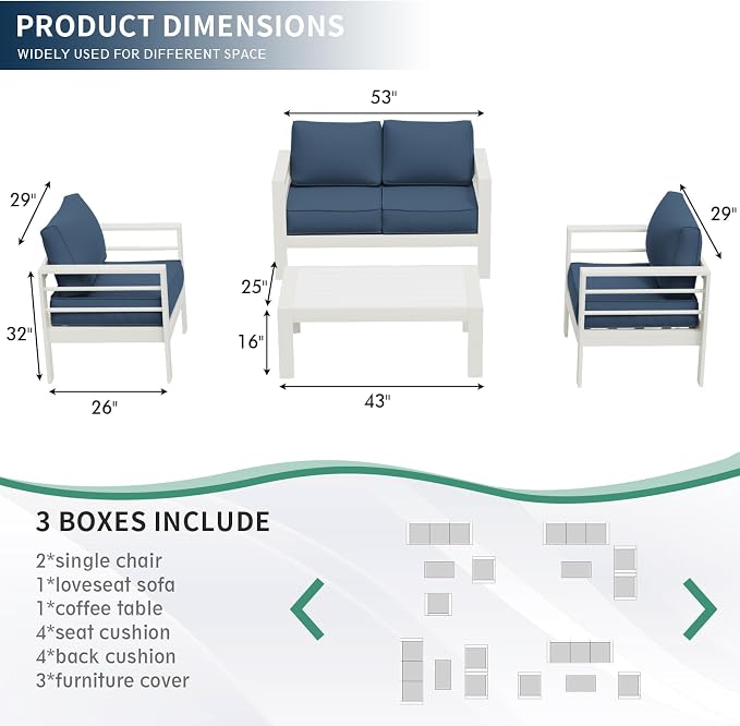Amopatio Aluminum Patio Furniture, 5 Pieces Metal Outdoor Furniture Set, Outdoor Sectional Modern Sofa Sets with Coffee Table for Pool, Garden, White&Blue (Included Waterproof Covers)