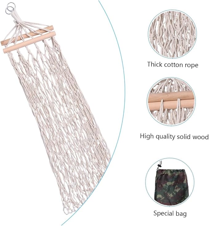 1pc Reticulated Cotton Rope Hammock Swing Chair with Wooden Stick Outdoor Leisure Bed for Camping Hiking Traveling Stylish and Hanging Chair