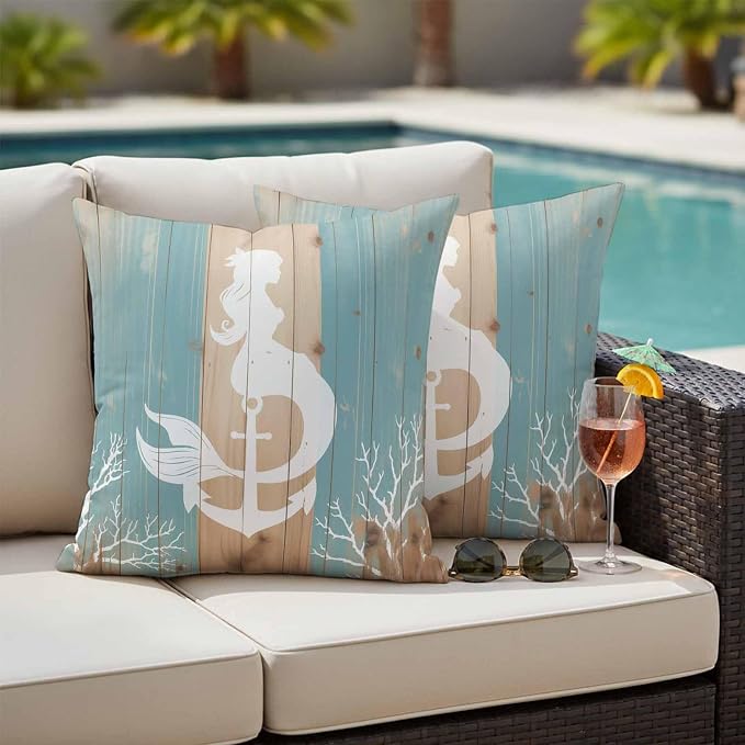 Summer Nautical Outdoor Waterproof Pillow Covers Set of 2, White Mermaid Coral Anchor Silhouette Wood Grain Pillowcase Decorative Throw Cushion Cases for Patio Garden Couch 18 x 18 Inches