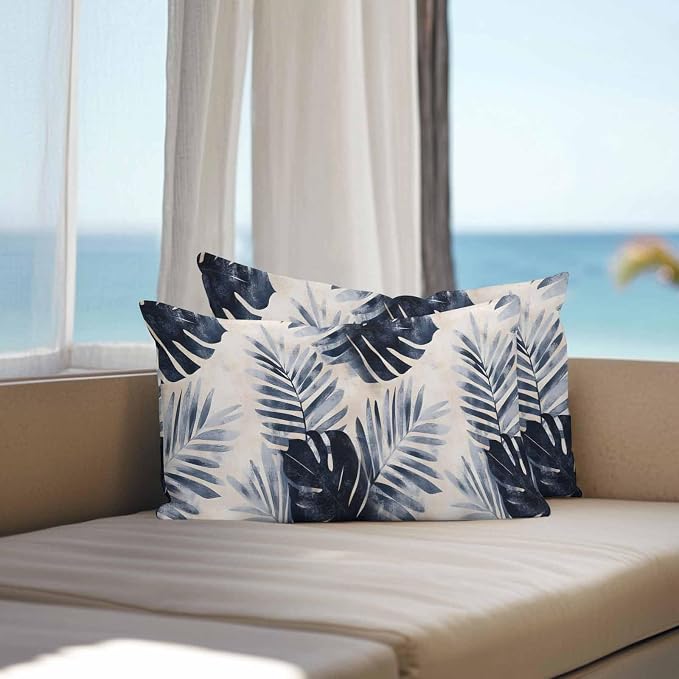 Pack of 2 Waterproof Outdoor Pillow Covers 20x12 Inch Decorative Pillow Covers Navy Blue Palm Leaves Throw Pillowcases Tropical Botanical Retro Outdoor Cushion Cover for Couch, Patio, Tent