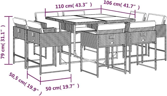 9 Piece Garden Dining Set with Cushions Grey Poly Rattan Outdoor Patio Table and 8 Foldable Chairs Tempered Glass Top Weather Resistant