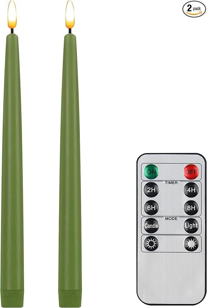 CVHOMEDECO. Flameless Taper Candles with 10-Key Remote, Battery Operated Led Flickering 3D Wick Window Candles Real Wax Finished Home Christmas Party Decor 0.78 x 11 Inch, Pack of 2, Sage Green