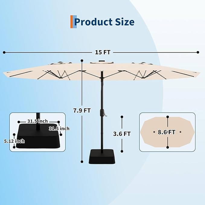 Garvee 15 ft Rectangular Patio Umbrella with Solar Lights & Base Included - Large Patio Umbrella with Crank Handle 36 LED Lights, UV Protection for Outdoor Market, Backyard, Deck, Pool, Beige