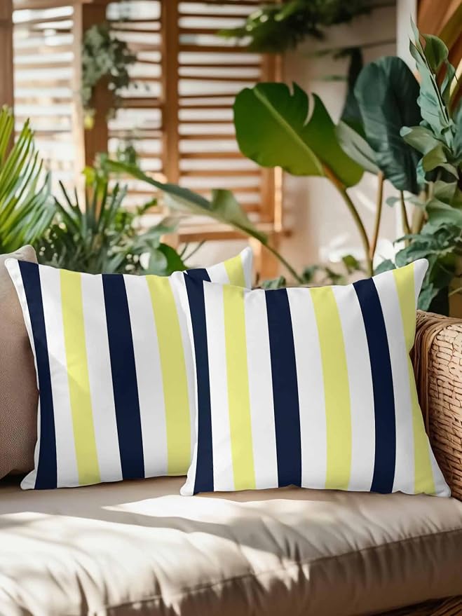 Outdoor Pillows Waterproof, Yellow Navy Blue Striped Bedding Throw Pillows with Insert for Couch Sofa Bed, Farmhouse Stripe Art 18x18 Inch Pillowcases Decorative Camping Patio Pillow Set of 2