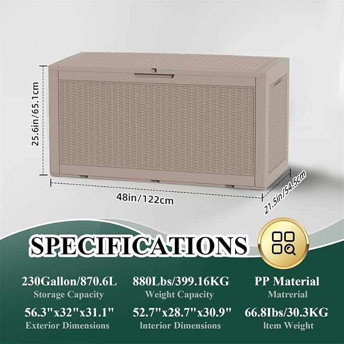 PatioZen 100 Gallon Outdoor Deck Box,Waterproof Resin Outdoor Storage Boxes, Outside Storage Lockable Container for Garden Tools,Indooor Cushions,Accessories (Grey)