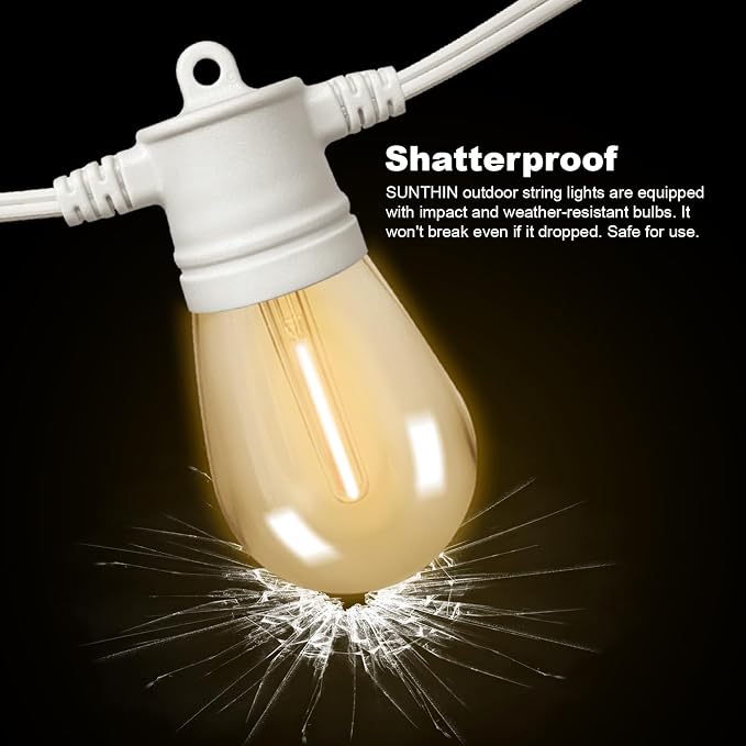 SUNTHIN White String Lights, 48ft White Outdoor Lights with 16 1W Shatterproof LED Bulbs for Patio, Garden, Backyard, Porch, Cafe, Deck, Wedding, Party