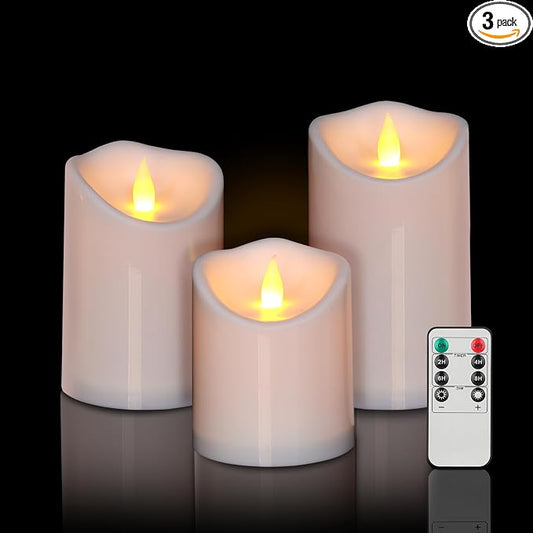 Outdoor Flameless Candles, Patented 3D Dual-LED, Set of 3 Slanted Resin Pillars with Remote, Crisp White Centerpiece for Dining Table, Waterproof Non-Melting Battery Operated, White
