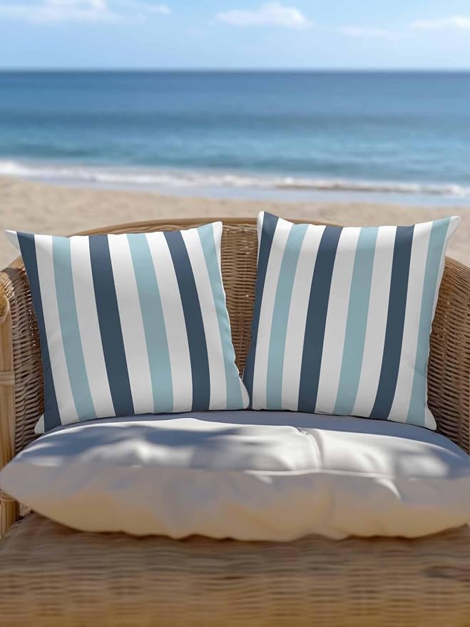 Outdoor Pillows Waterproof, Blue Aqua Striped Bedding Throw Pillows with Insert for Couch Sofa Bed, Farmhouse Stripe Art 16x16 Inch Pillowcases Decorative Camping Patio Pillow Set of 2