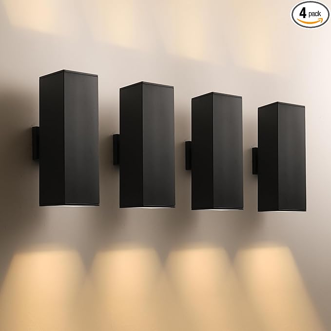 mirrea 18" Modern Outdoor Porch Light in 2 Lights, Matte Black, 4 Pack | Patio wall sconce, aluminum rectangular tube, tempered glass, waterproof. Up & down lighting for outdoor wall mount fixture.