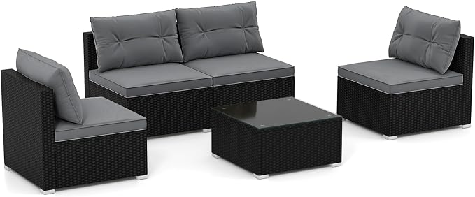 Tangkula 5 Pieces Wicker Patio Furniture Set, Outdoor 4 Armless Rattan Sofa & Coffee Table Set, with Cushions, Acacia Wood Tabletop, Sectional Patio Conversation Set for Lawn, Yard, Poolside, Grey