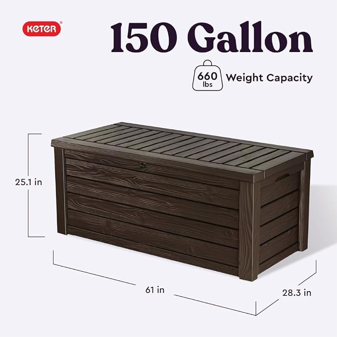 150-gallon Outdoor Storage Deck Box Resin Patio Bin Waterproof Container with Wood Grain Design Multipurpose Bench for Garden Yard Pool Accessories Cushion Storage, Brown