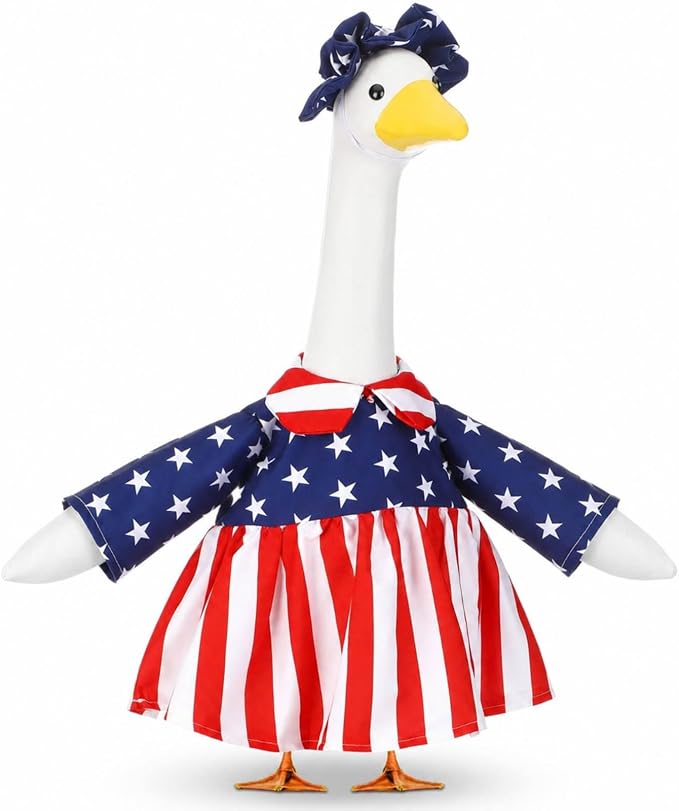 Abbylike 4th of July Porch Goose Outfit Patriotic Goose Outfit 250th Red White and Blue Yard Geese Costume Clothes Fits Large 23'' Cement Statue for Independence Day Patio Garden Art Decoration