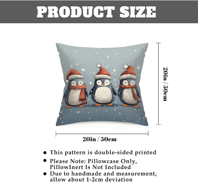 20x20 Inch Outdoor Pillow Covers Set of 2 Waterproof Throw Pillow Covers Decorative Couch Cushion Covers Christmas Penguin Square Pillowcases Protectors for Patio Garden Sofa