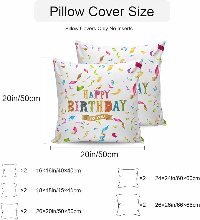 Vandarllin Outdoor Throw Pillows Covers 20x20 inch Set of 2 Waterproof Happy Birthday Decorative Zippered Cushion Covers for Patio Furniture, Colorful Ribbon Celebration Lumbar Pillowcases