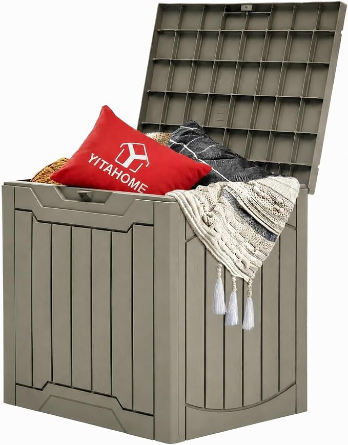 YITAHOME 31 Gallon Resin Deck Box Outdoor Storage Box and Waterproof Package Delivery Box with Lockable Lid forPatio Furniture, Garden Tools, Pool Supplies, Taupe