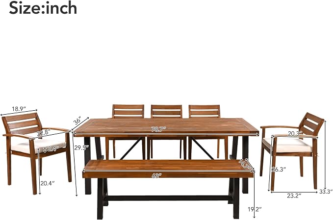 GDFStudio 7-Piece Acacia Wood Outdoor Dining Set for 7-8 Persons, Includes Table, Bench & Ergonomic Chairs with Removable Cushions, Adjustable Feet for Patio, Backyard, Porch or Deck, Natural Finish