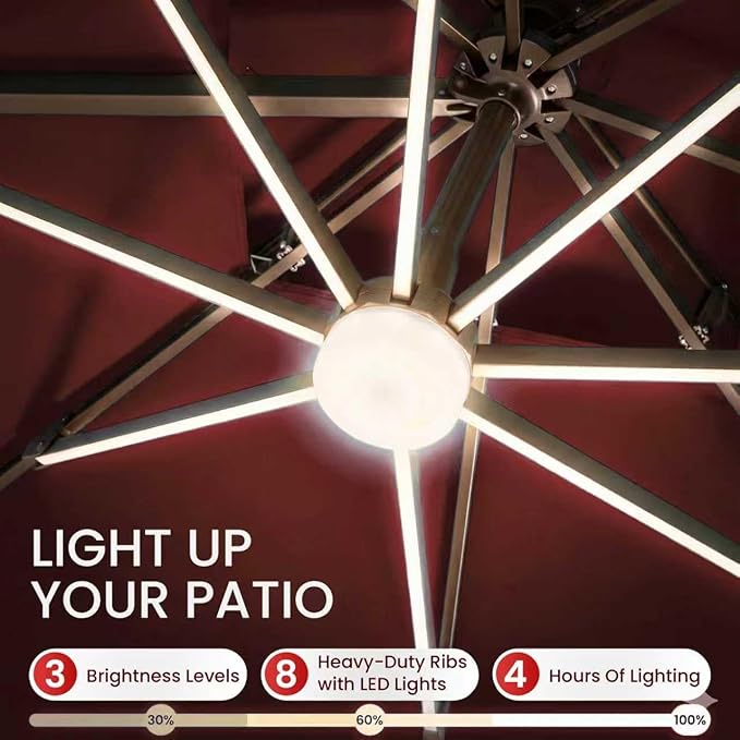 10x10 FT Cantilever Patio Umbrella with Led Lights Double Top Outdoor Square Large Heavy Duty Aluminum Offset Umbrellas with 7 Level Tilt 360-degree Rotation for Pool Garden Deck, Wine Red