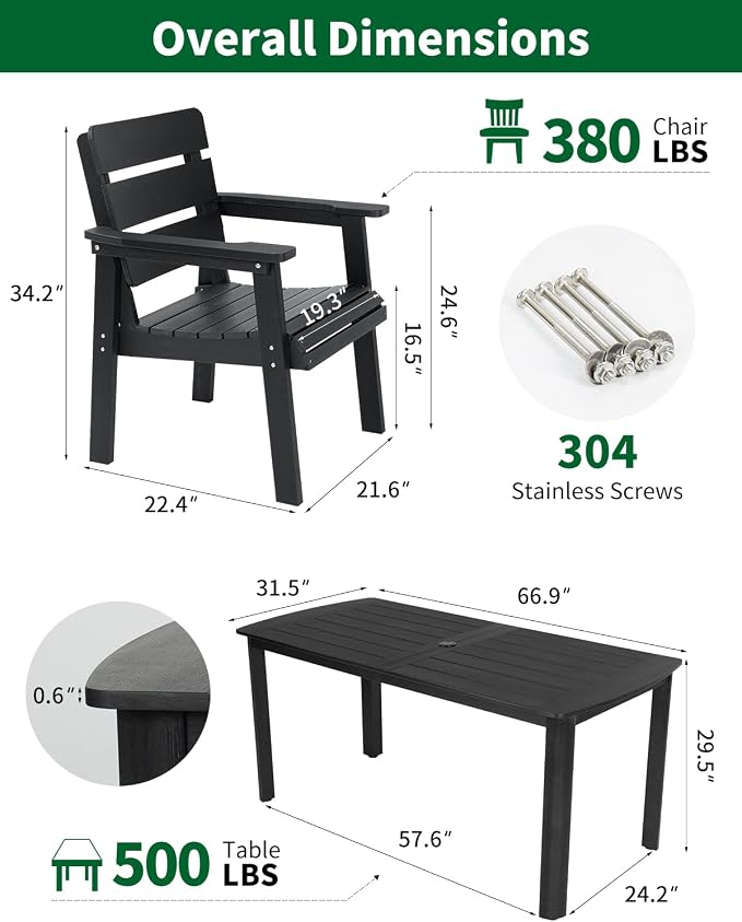 Outdoor Rectangle Dining Table with Rounded Edge, 67" All-Weather HIPS Patio Table for 6, Outdoor Furniture with Umbrella Hole, Ideal for Garden, Poolside, Backyard, Deck, Black