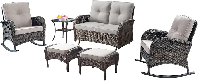 Belord 6 Pieces Outdoor Patio Furniture Set with Wicker Rocking Chairs, Rattan Patio Conversation Set with Glider Loveseat Ottomans and Side Table Brown/Beige