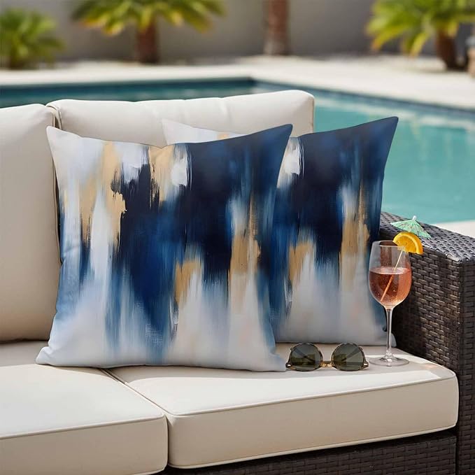Abstract Watercolor Outdoor Pillow Covers Set of 2 Gold Blue Gradient Graffiti Art Waterproof Throw Pillow Cover Decorative Cushion Cases for Patio Porch Garden 16X16 Inch