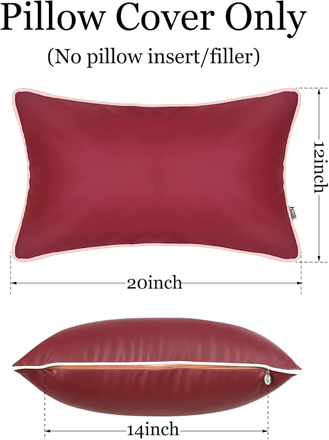 Set of 2 Leather Waterproof Lumbar Pillow Covers 12x20 Inch Fadeproof Outdoor Rectangle Pillowcase Durable Cushion Sham Decorative for Garden Patio Tent Balcony Bench Sofa, Burgundy