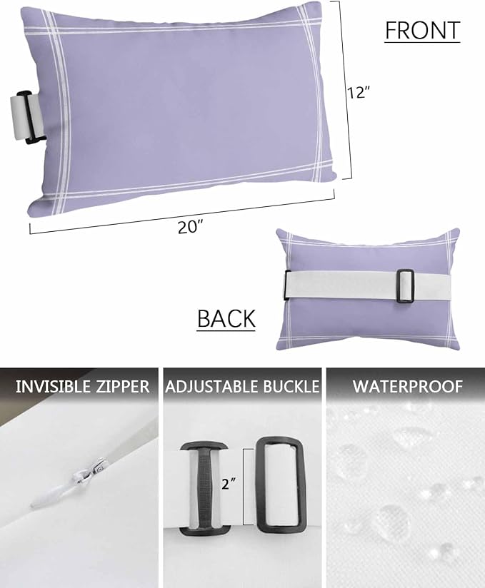 Outdoor Pillow for Lounge Chair with Strap & Insert Lavender Purple Recliner Head Pillow Solid Color Waterproof Headrest Patio Lumbar Pillows for Beach Pool Office Chaise Chair 12x20 Inch