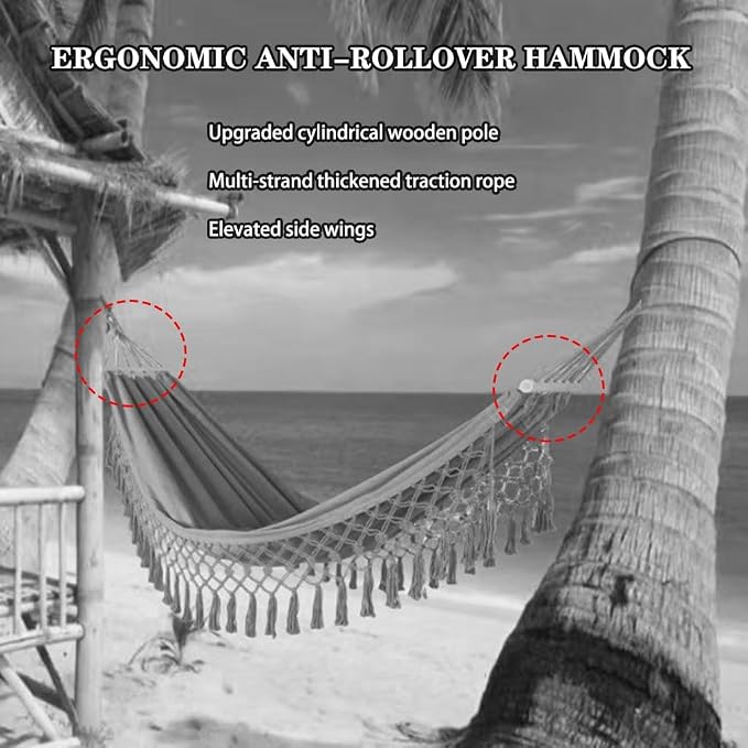 Outdoor Leisure Hammock with Tassels, Garden Anti-Rollover Swing with Storage Bag, for Travel/Camping/Beach, Load Bearing 150kg/330.7lbs(Dark Grey)