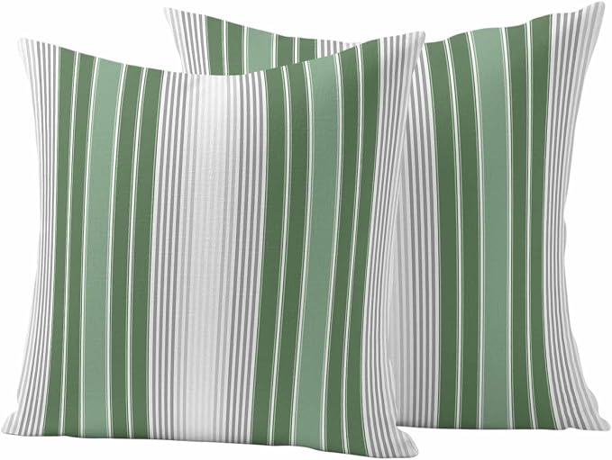 Chucoco Outdoor Waterproof Throw Pillow Cover, Green White Striped Decorative Pillows Cushion Covers, Classic Geometric Line 2 Pack Pillow Cases for Patio Garden Balcony Couch Sofa 24x24in