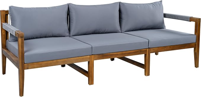 VilroCaz 3-Piece Patio Conversation Set, All Weather Sectional Sofa Set with Acacia Wood Frame and Woven Rope Accents, Outdoor Furniture Set with Cushions for Backyard Deck Poolside (Grey+Rope v)