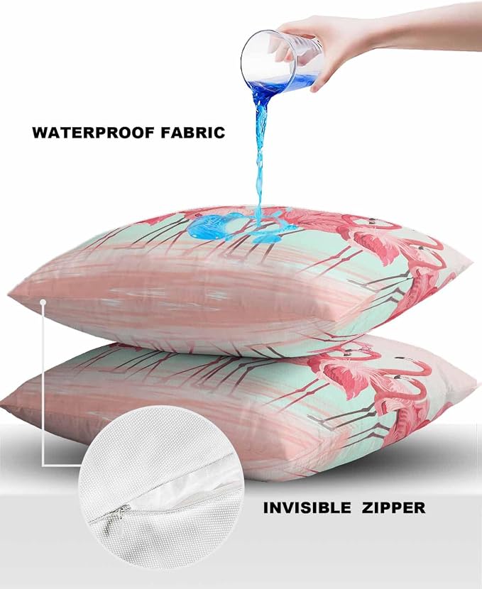 Outdoor Waterproof Throw Pillow Covers Set of 2 Pink Flamingo Pillowcases 26x26 Inches Tropical Animal Ombre Teal Patio Decorative Pillows Cushion Case Patio Pillows for Couch Bed Chair Garden