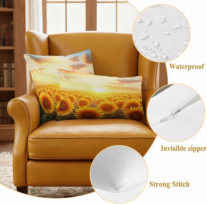 Sunflower Floral Waterproof Outdoor Pillow Covers Set of 2 Home Decor, Summer Pastoral Botanical Flowers Pillowcase Patio Pillow Covers for Couch Bench Furniture Garden 18x18in