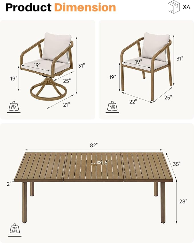 9-Piece Outdoor Dining Set for 8, Never-Rust Aluminum Patio Dining Set with 2 Swivel Chairs, Outdoor Table and Chairs with Removable Cushions, Patio Furniture Set for Deck, Garden, Porch, Teak