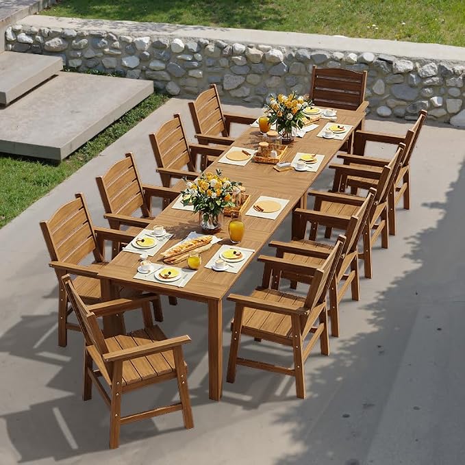 YEFU Patio Dining Sets 12-Piece: All-Weather Outdoor Table and Chairs with Umbrella Hole - Easy Assembly Patio Dining Set for 10 Modern HIPS Furniture with Aluminum Frame for Family with Deck Teak