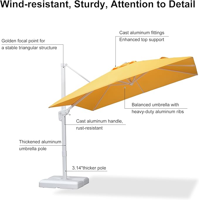 PURPLE LEAF 9 FT Patio Umbrella White Cantilever Umbrella Aluminum Square Outdoor Offset Umbrella Hanging Windproof with 360° Rotation for Garden Deck Pool, Yellow
