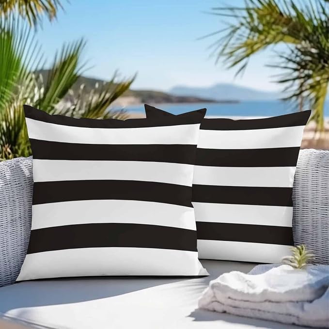 Outdoor Waterproof Pillow Covers Black White Stripes Decorative Throw Pillow Protectors,Modern Minimalist Geometric Art Pillowcase Cushion Cases for Patio Sofa Garden Couch,16x16in,Pack of 2