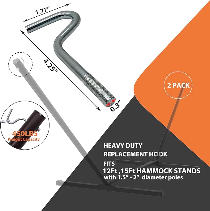 Hammock Hooks Replacement for Double Hammock with Stand - Galvanized Steel Diameter 0.3 Inch x 4.25 Inch,450 Lbs Max (2 Pack)