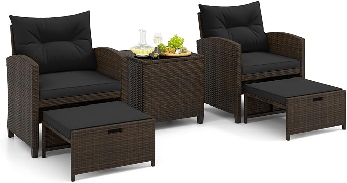Tangkula 5 Pieces Patio Conversation Set, PE Wicker Rattan Outdoor Furniture Set with 2 Chairs, 2 Ottomans & Tempered Glass Coffee Table, Ideal for Poolside, Backyard, Lawn, Deck, Mix Brown & Black