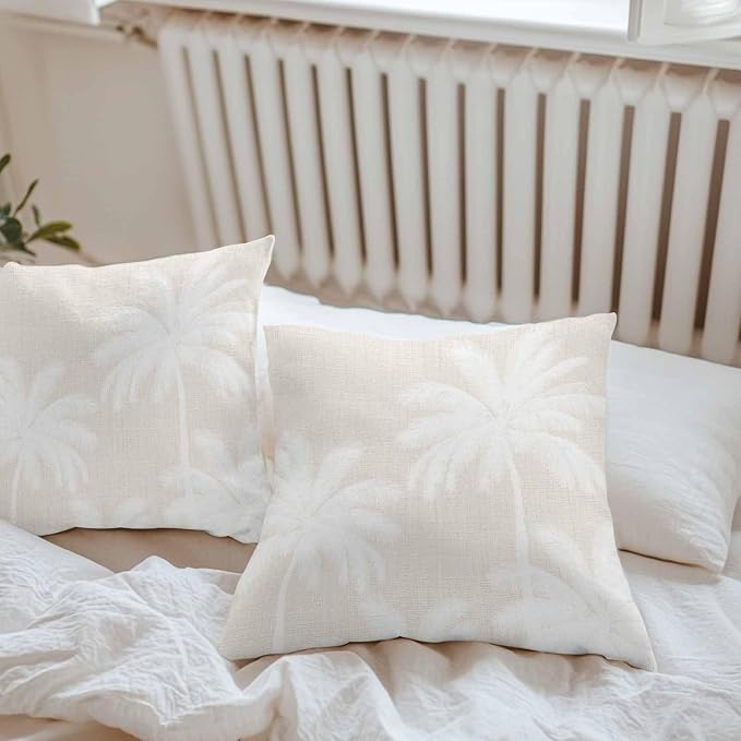 Outdoor Pillow Covers 18x18 Inch Set of 2, Cream Palm Trees Waterproof Throw Pillow Covers, Farmhouse Tropical Summer Beach Decorative Cushion Pillowcases for Couch, Sofa, Bed, Garden, Patio